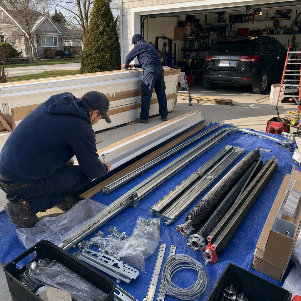 Garage door installation professionals working on a new door