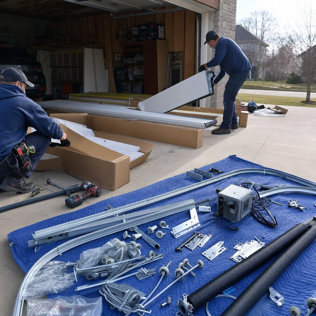 Technician installing garage door with parts laid out on tarp