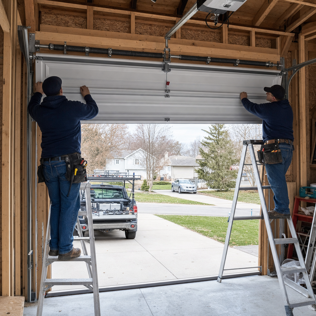 Technicians installing a garage door