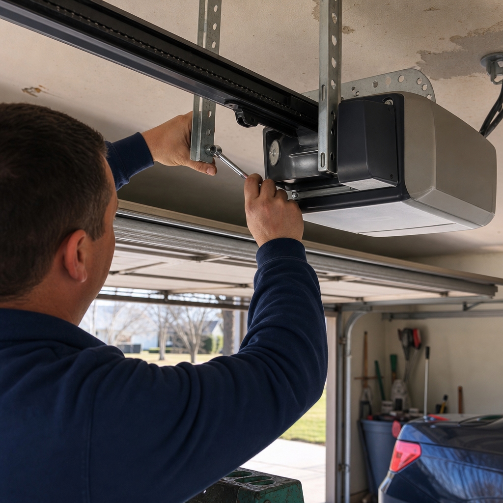 Technician installing garage door opener