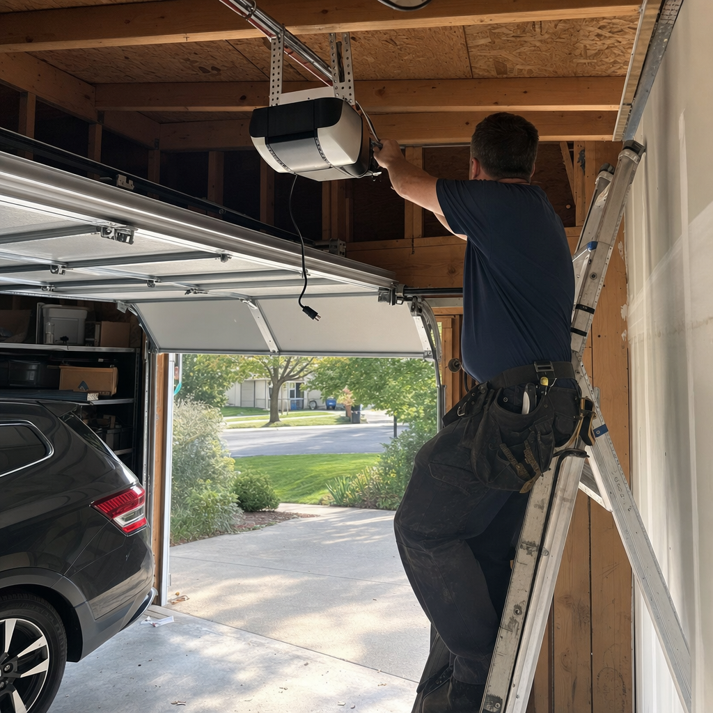 Professional installing garage door opener on a ladder