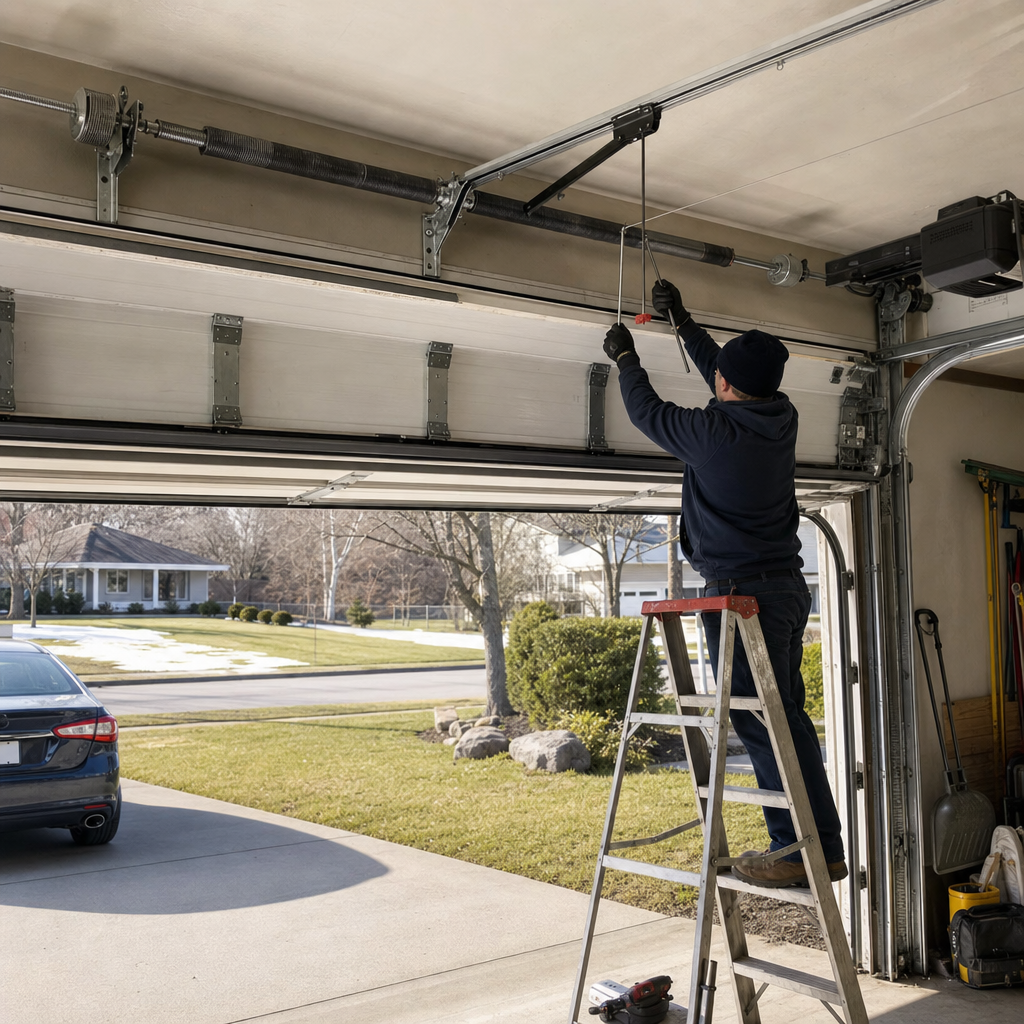 Garage door repair service professional fixing overhead door system.