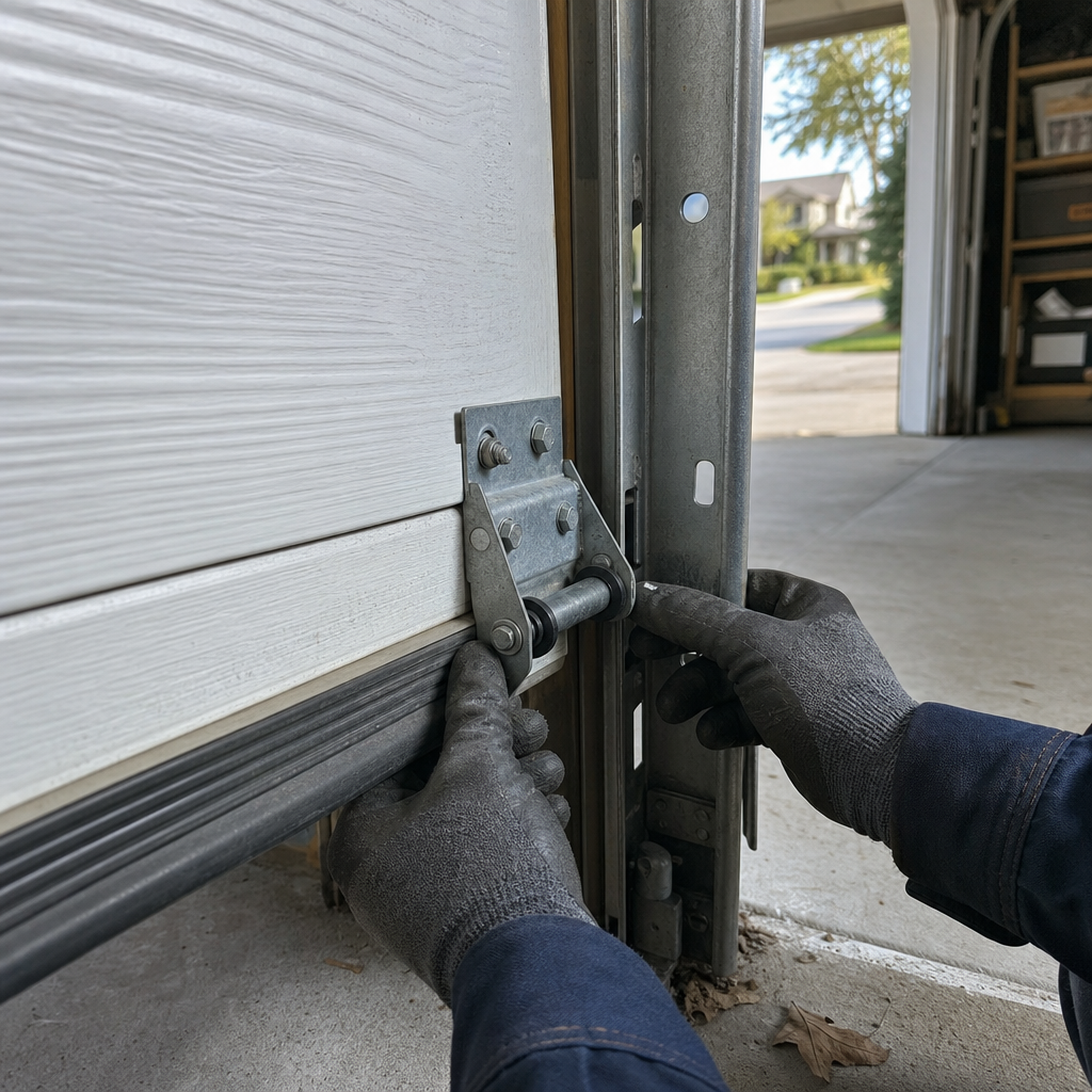Garage door emergency repair, professional fixing track system with roller. in Medina, OH