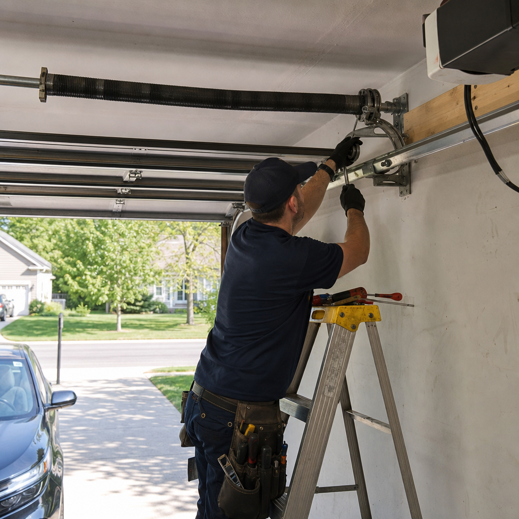 Garage door technician performing emergency garage door spring repair in Medina, OH
