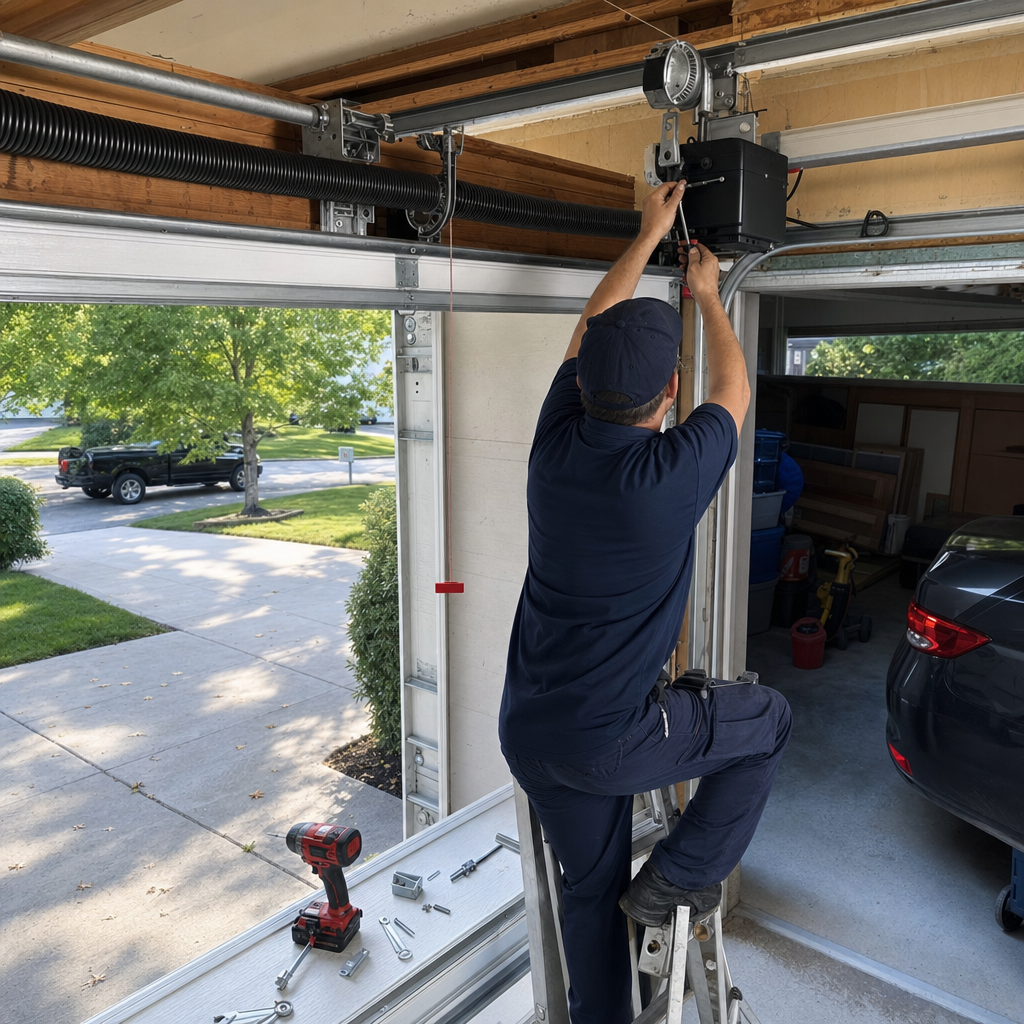 Garage door opener repair by a professional technician on a ladder.