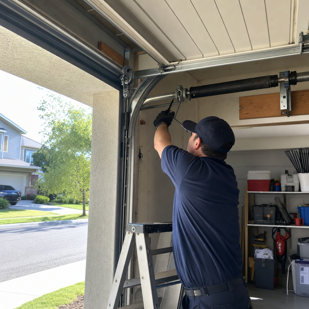 Technician working on garage door springs and hardware in Medina, OH